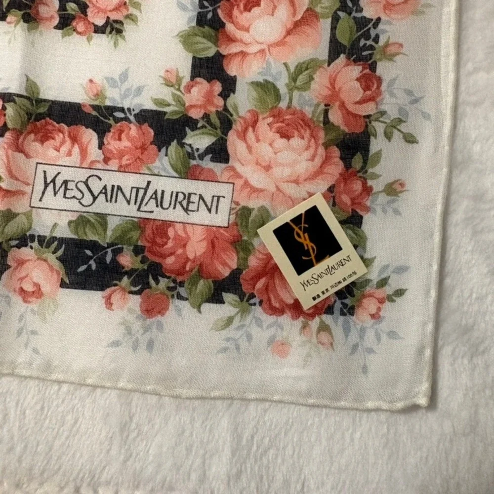 Vtg YVES SAINT LAURENT Scarf Handkerchief Floral Rose Cotton White 19.5